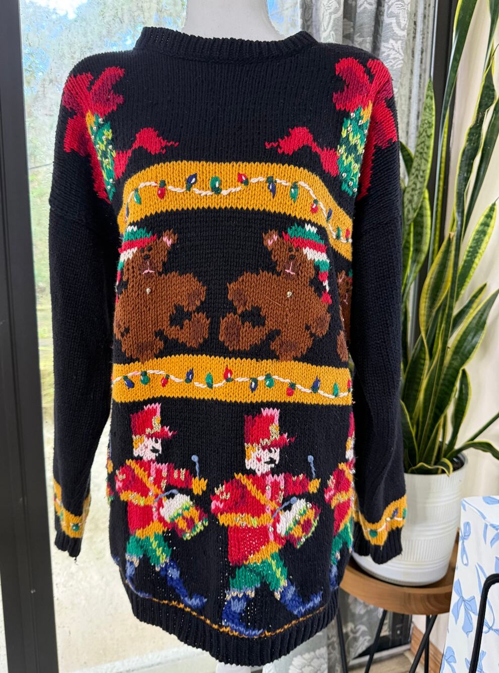 Vintage 90s Copper Key Christmas Sweater L Nutcracker Teddy Bear Ramie Cotton